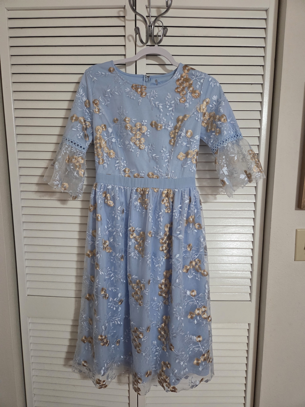 BATES SISTER'S BOTIQUE Light Blue Floral Lace Dress with Gold Accents